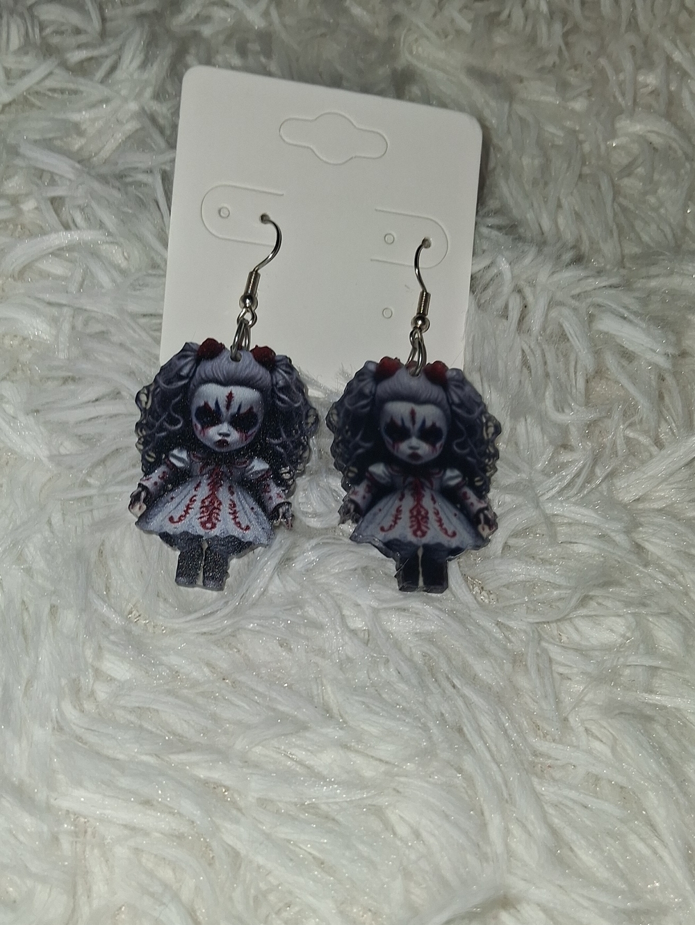 Gothic Doll Drop Earrings - Black & White with Red Accents